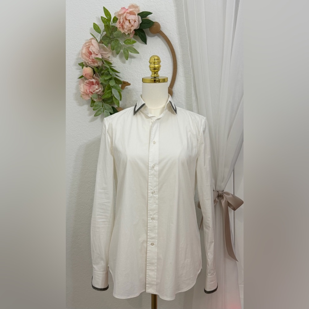 VINTAGE Ralph Lauren $790 White Button Down Shirt Chain Mail Embellish -10 NEW